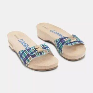 GANNI x Dr. Scholl's Blue Plaid Buckle Wooden Clog Slides Sandals Retro NEW